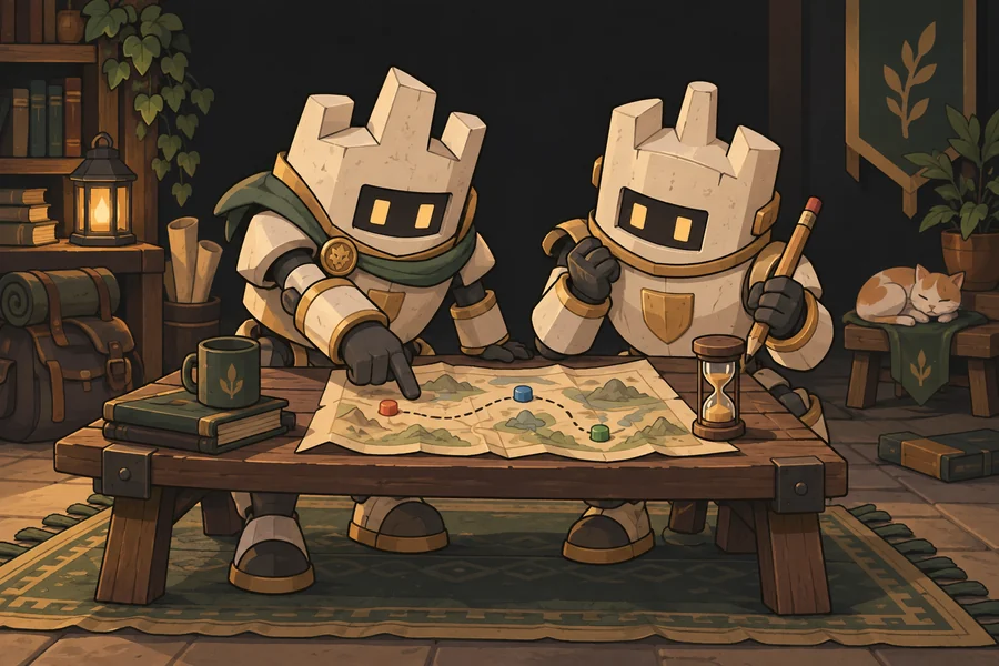 Zwei Citadel-Maskottchen planen am Kartentisch ihr nächstes Abenteuer.