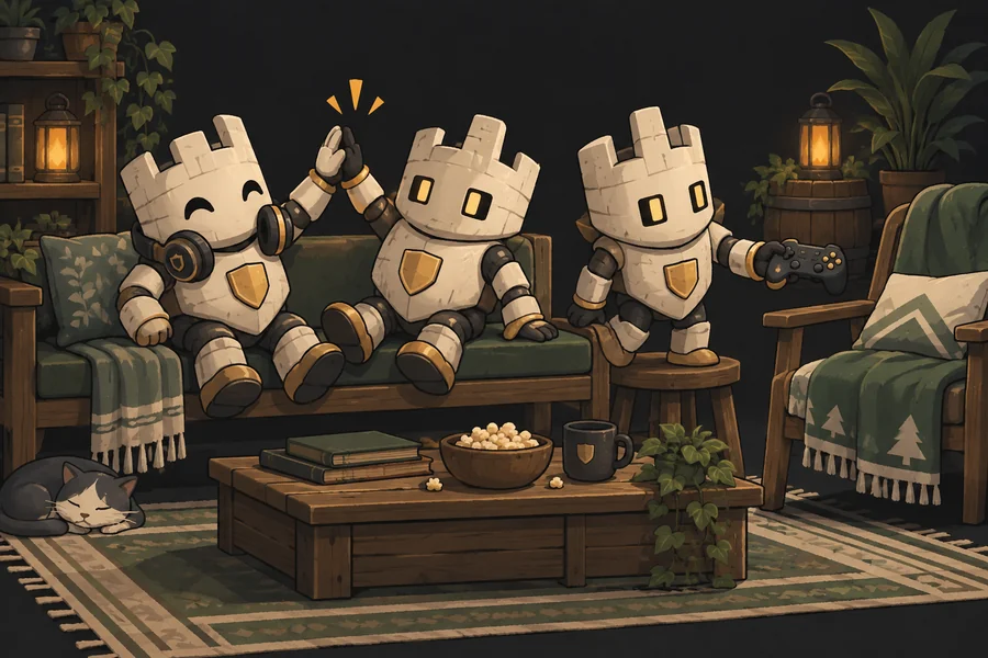 Drei Citadel-Maskottchen sitzen zusammen auf einem Sofa und feiern ihre gemeinsame Spielrunde.