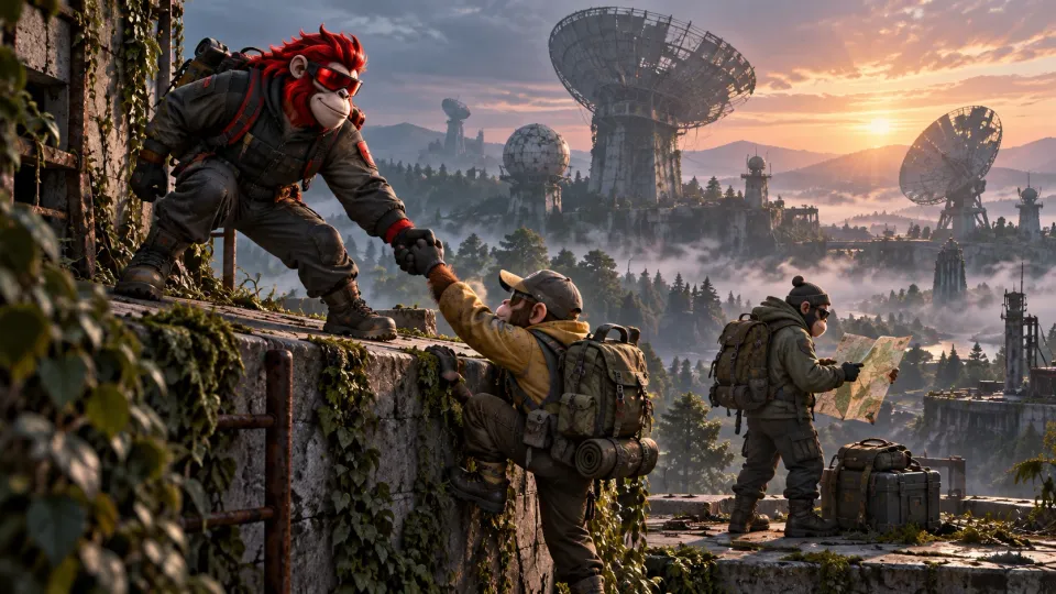 Monkey-Team hilft sich bei einer gemeinsamen Science-Fiction-Expedition